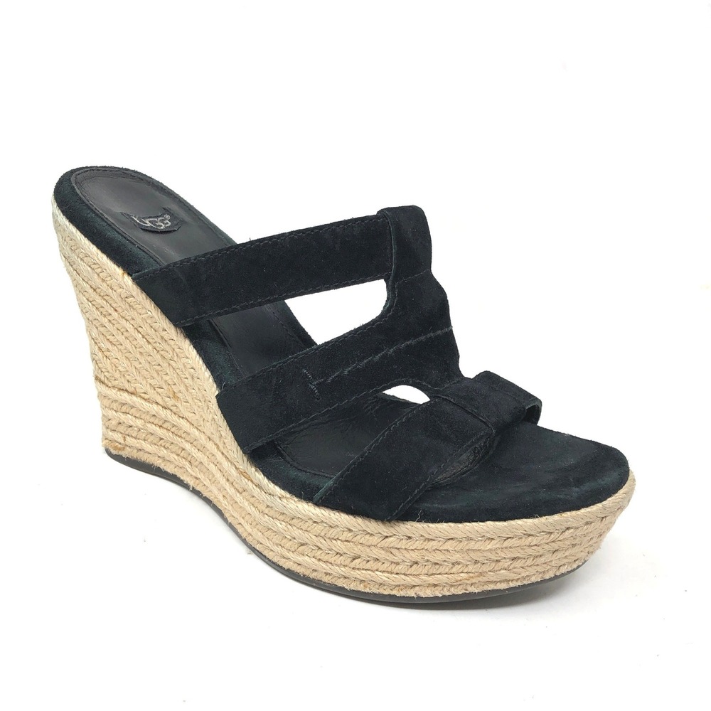 UGG Womens 7 Tawnie Wedge Sandals Black Suede Espadrille Platform Heel